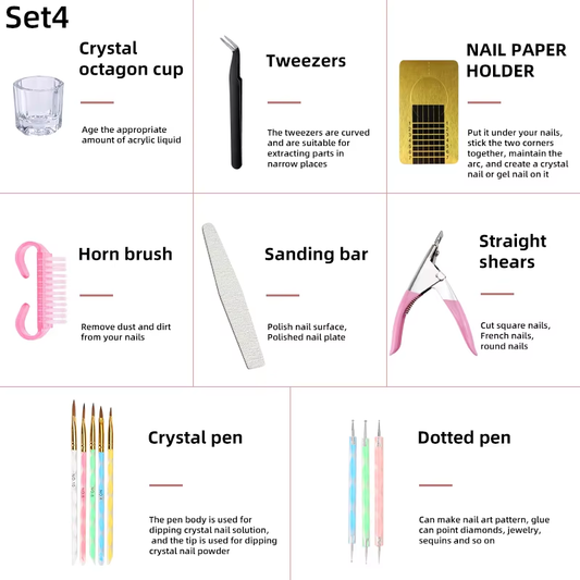 2024 Hot Sale Full Manicure Set Crytal Acrylic Nail Kit with UV Gel & Acrylic Powder Brush Nail Art Kits Accessory
