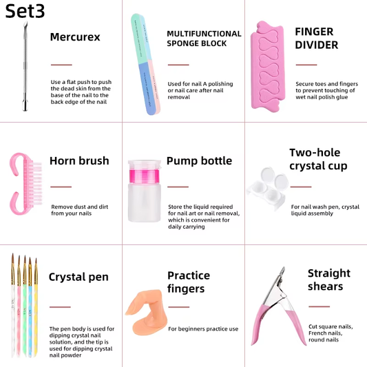 2024 Hot Sale Full Manicure Set Crytal Acrylic Nail Kit with UV Gel & Acrylic Powder Brush Nail Art Kits Accessory