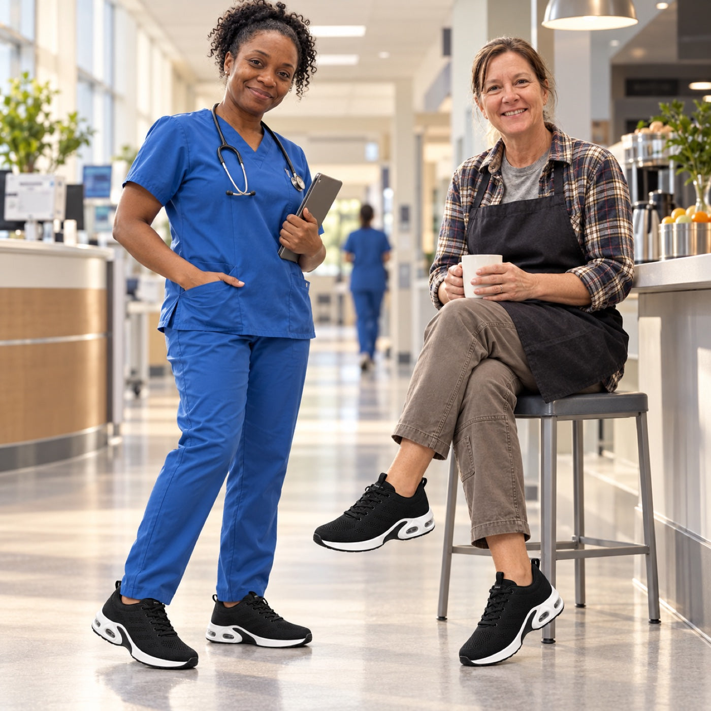 A nurse and a cafe worker standing in the shoes during a shift