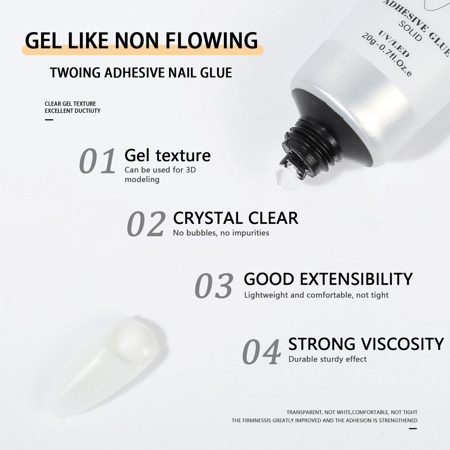 New Upgraded Formula 20g Solid Nail Tips Gel Long Lasting Super Strong Adhesive Nail Glue Gel for Press on Nails