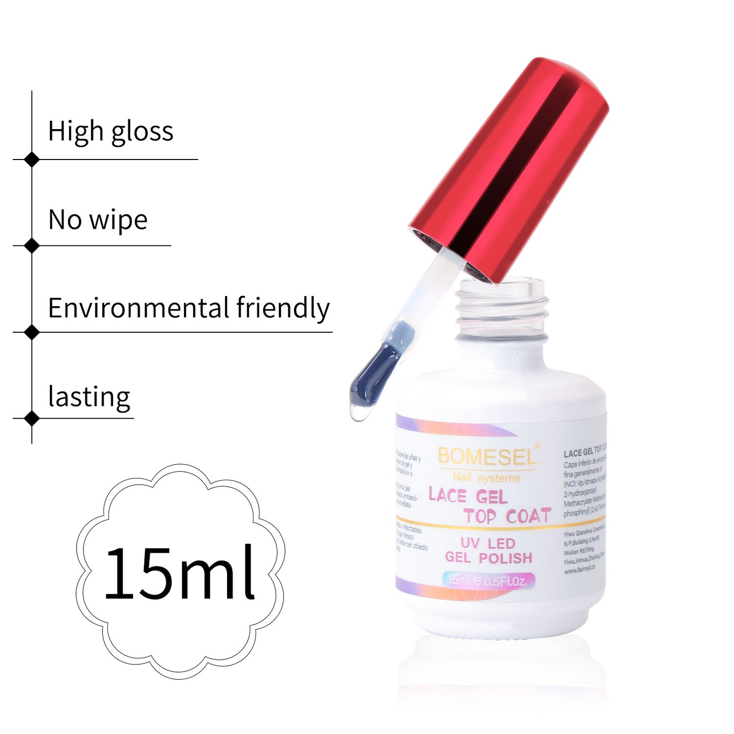 15ml Top Coat No Wipe High Shine High Gloss UV Led Top Coat Lace Gel