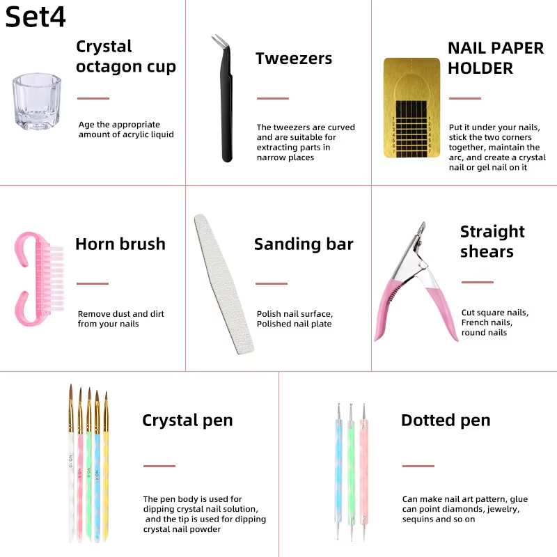 2024 Hot Sale Full Manicure Set Crytal Acrylic Nail Kit with UV Gel & Acrylic Powder Brush Nail Art Kits Accessory
