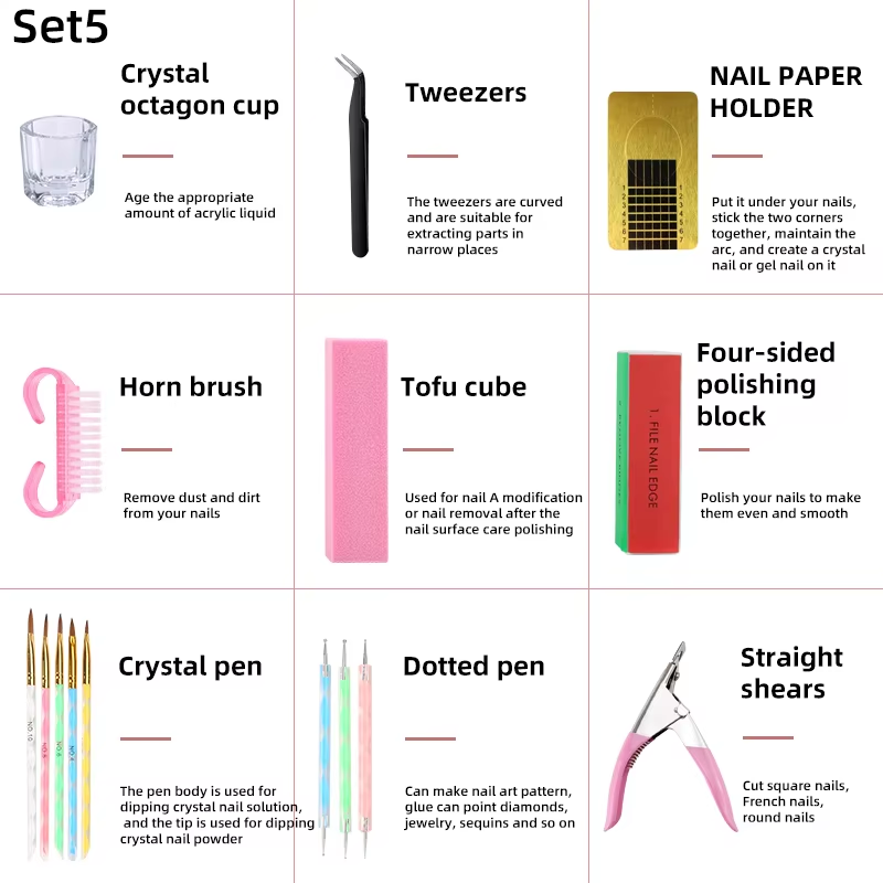 2024 Hot Sale Full Manicure Set Crytal Acrylic Nail Kit with UV Gel & Acrylic Powder Brush Nail Art Kits Accessory