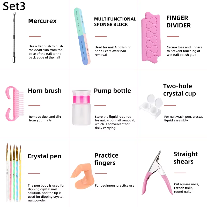 2024 Hot Sale Full Manicure Set Crytal Acrylic Nail Kit with UV Gel & Acrylic Powder Brush Nail Art Kits Accessory