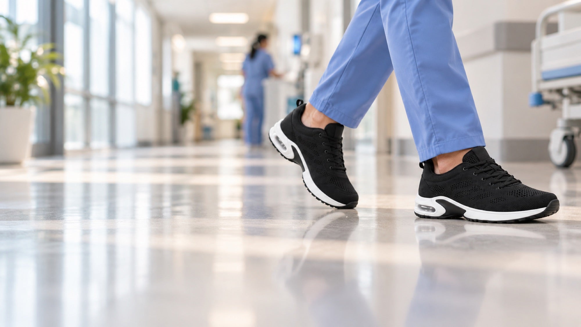 Nurse walking down a hospital corridor in the shoes