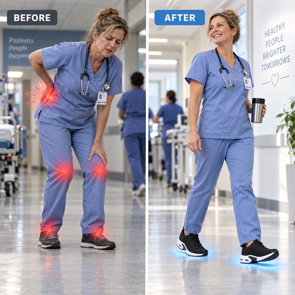 Before and after: a nurse doubled over with back, knee and foot pain, then walking comfortably in the shoes