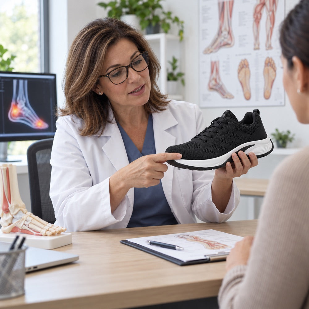 A podiatrist showing the shoe to a patient in her consulting room