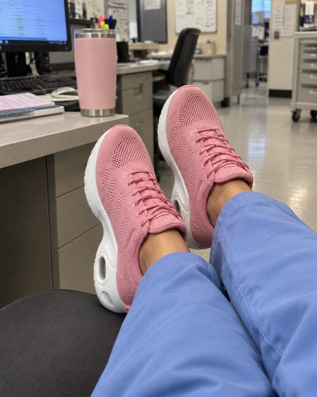 The pink shoes, feet up at the nurses' station