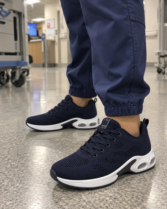The navy shoes worn with scrubs in a hospital corridor
