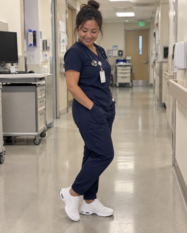 A nurse in a corridor wearing the white shoes