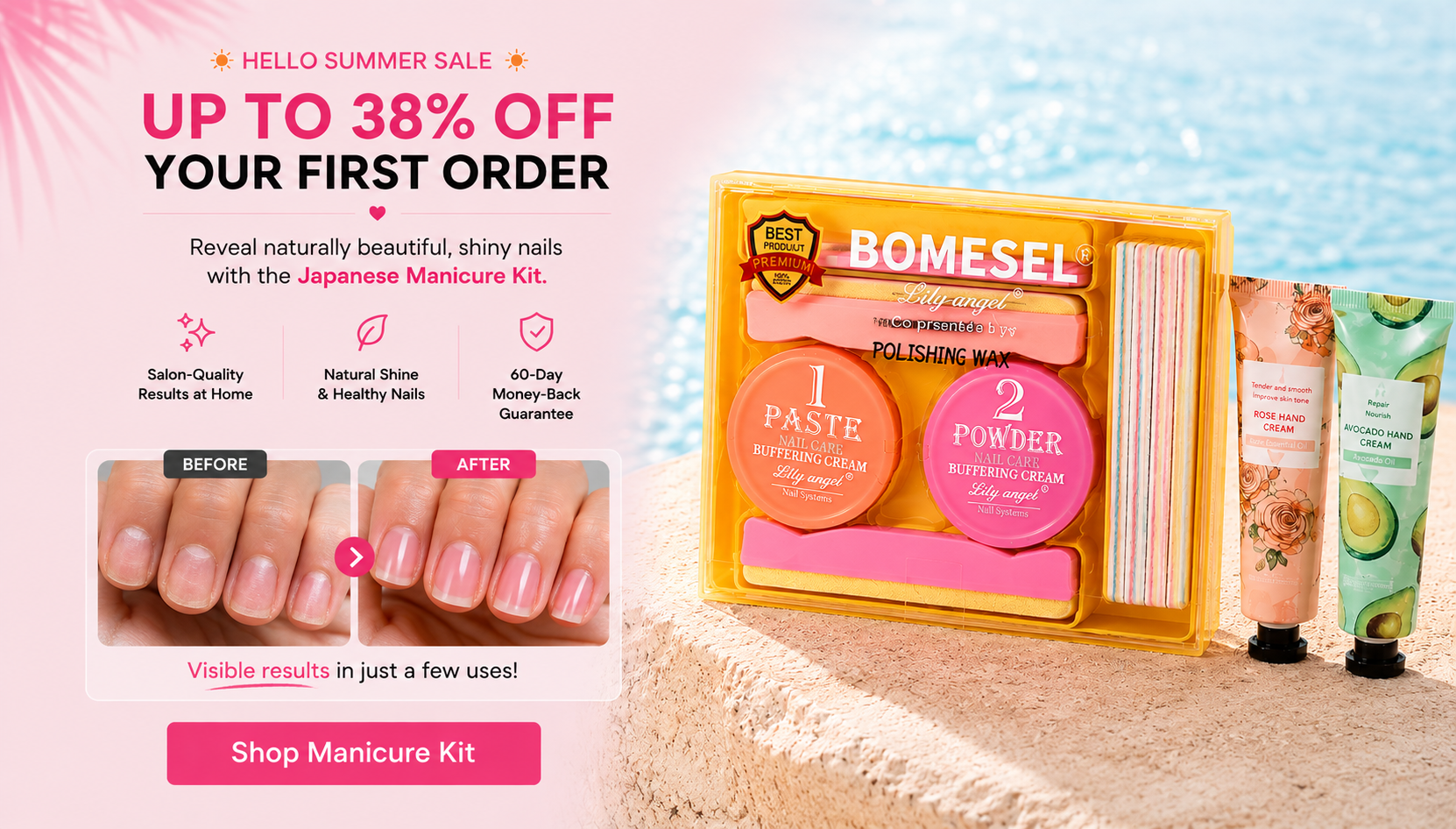 Hello Summer Sale: up to 38% off your first order of the BOMESEL Japanese Manicure Kit